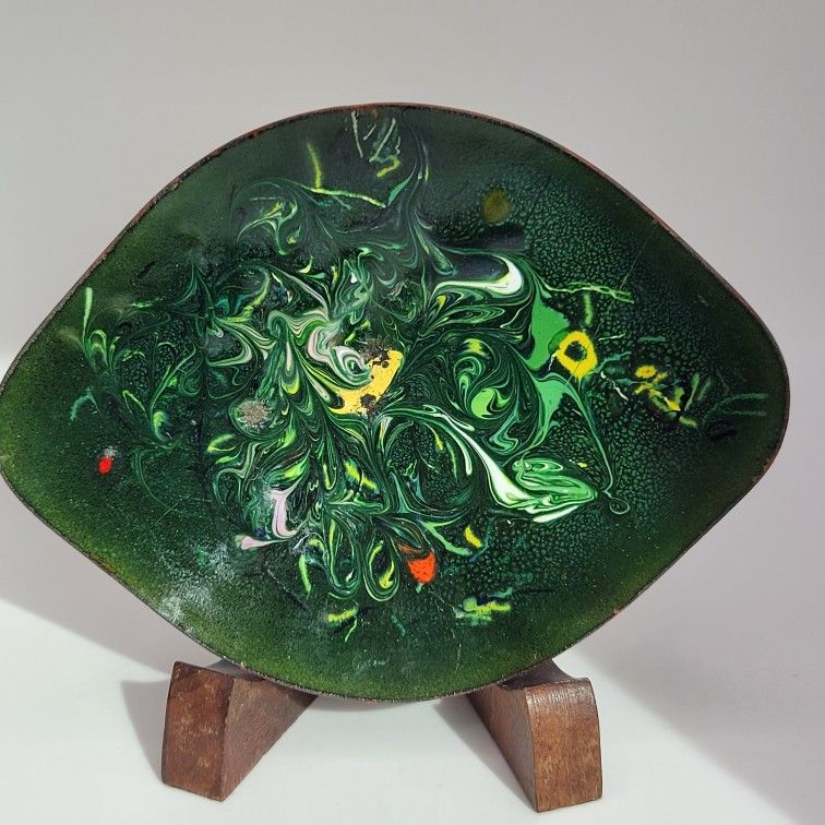 Vtg Green Enamel On Copper Art Plate Trinket Dish Mid Century 5"x4" Leaf Shape
