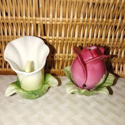PINK RED CERAMIC ROSEBUD FAIRY LAMP TEA LITE CANDLE HOLDER & CALLA LILY TEA LITE