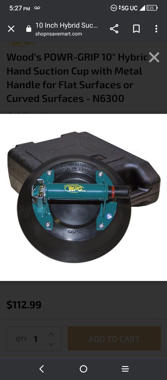 Wood's Power Grip 10" Suction Cup For Flat Surfaces Or Curved Surfaces