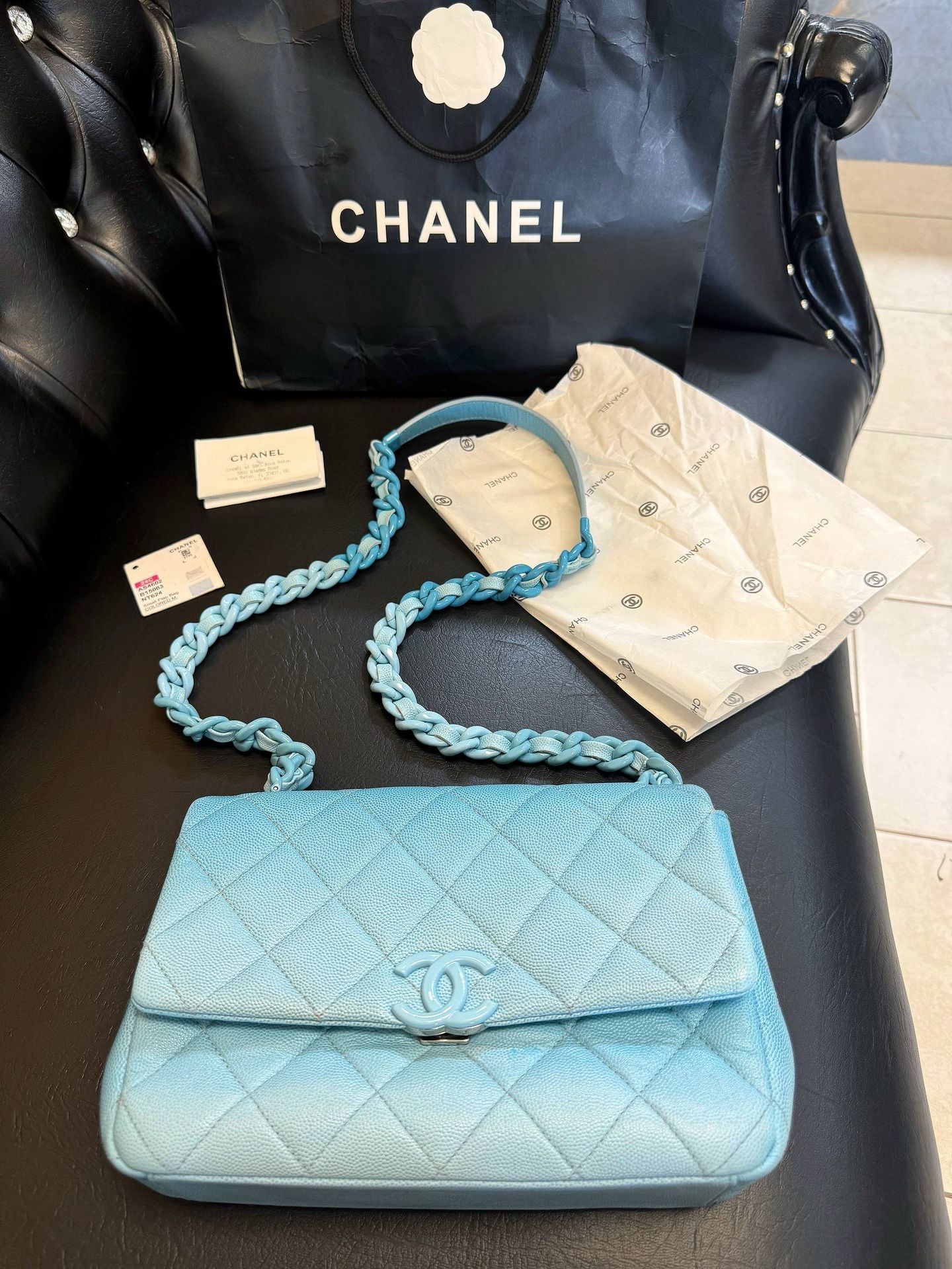 CHANEL My Everything Gradient Blue Ombre Shaded Quilted Caviar Medium Flap Bag Lacquered Metal Hardware