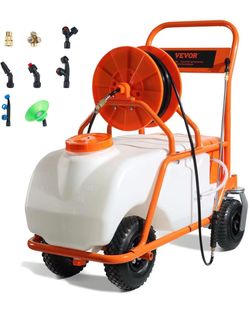 VEVOR Battery Powered 15 Gallon Garden Weed Sprayer with Wheeled Cart, 126FT Hose with Reel, 8 Nozzles, 2 Wands with Lock Trigger, 0-90PSI, 5-6h Spray