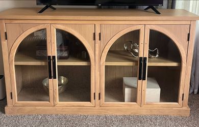 Wood TV Stand Cabinet with Arched Glass Doors
