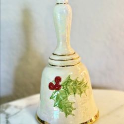 Vintage Ceramic Christmas Bell with Holly and Berries, Iridescent