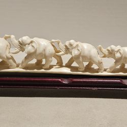 Vintage 7 Elephants Crossing A Bridge on Wood Stand Resin 18”
