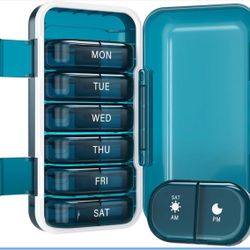 Weekly Pill Organizer 2 Times a Day with AM PM Sections, BPA-Free, Portable & Moisture-Proof for Pills, Vitamins, Supplements (2x7 Blue)