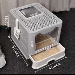 Cat Litter Box Foldable Portable Cat Litter Pan with Lid,Top Entry Litter Box Large Covered Cat Litter Box for Travel with Cat Litter Scoop