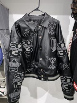 All Black BoohooMAN Leather Varsity Jacket 