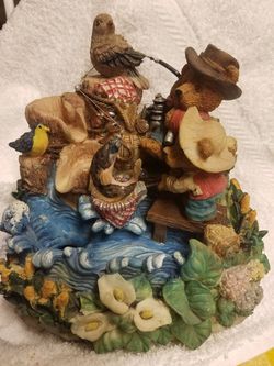 Porcelain Bears fishing music figurine