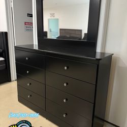 Black Eight Drawer Dresser With Rails And Mirror Matching 