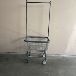 Laundry Cart Basket Commercial Heavy Duty W/Double Pole Hanger Rack