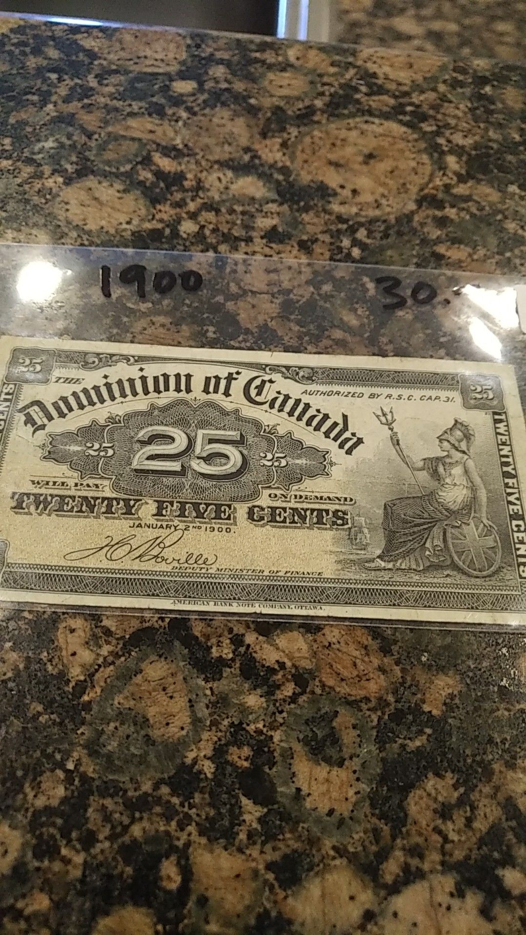 Vintage 1900 year Canada 25 cent banknote