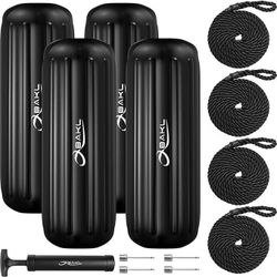 Boat Fenders 4 Pack 10 x 28 Inches Ribbed Center Hole Boat Fenders Bumpers for Docking, Comes with Ropes and Pump to Inflate