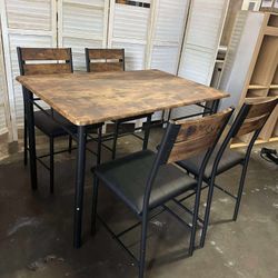 Dining Table Set for 4, Wood Kitchen Table with Upholstered Chairs for Kitchen Room and Small Spaces, Rustic Brown