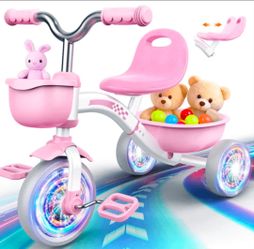 Kkdi
Toddler Tricycle for 1-3 3-5 Year Olds, 2 3 4 5 Year Old Girl Pink Toddler Baby Bike, 4-Level Adjustable Seat, 3 Color Light Wheels, 2 Baskets, O