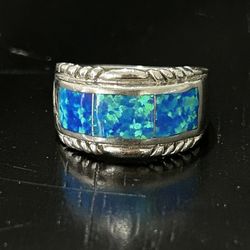 Vintage Ring Size 8.75 Silver 925 Blue Fire Opal Inlay Navajo Zuni Large