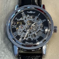 Men’s Silver Skeleton Back Automatic Dress Watch with Black Leather Strap 
