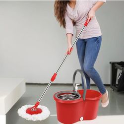 Spin Mop and Bucket Set with Wringer,360° Spinning Mop,for Floor Cleaning,with Adjustable Handle and3 Microfiber Mop Replacement Heads (Red)