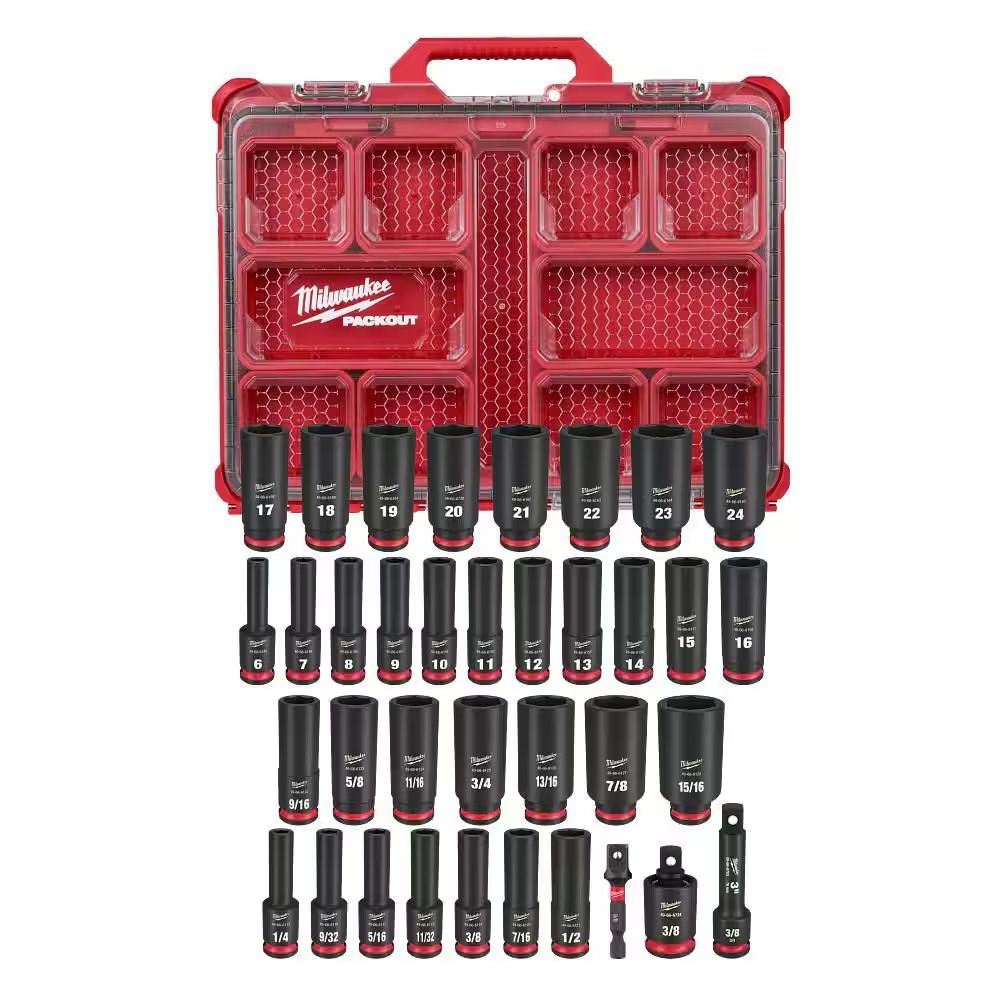 Milwaukee 49-66-6805 SHOCKWAVE Impact-Duty 3/8 in. Drive Metric and SAE Deep Well Impact PACKOUT Socket Set (36-Piece)