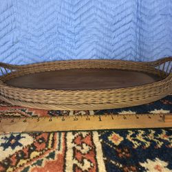 Vintage Oval Wicker & Wood Serving Tray 