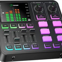 PUPGSIS Gaming Audio Mixer, Audio Interface for PC/Podcast/Streaming, Sound Board with 3.5mm/XLR Mic Input, 48V Phantom Power, Voice Changer