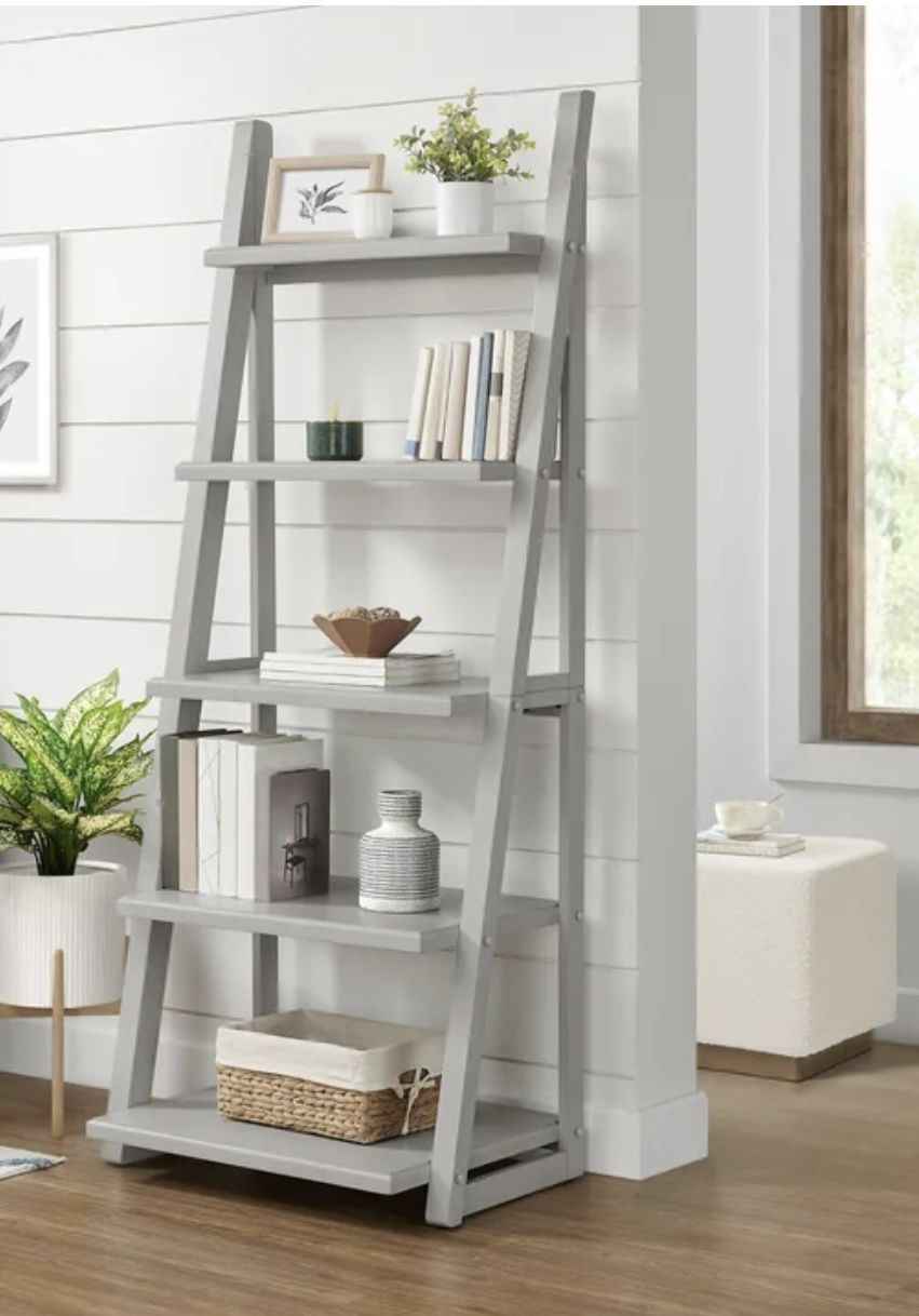 Kellen 72” Ladder Bookcase – NEW in Box (Solid Wood, Gray Finish)