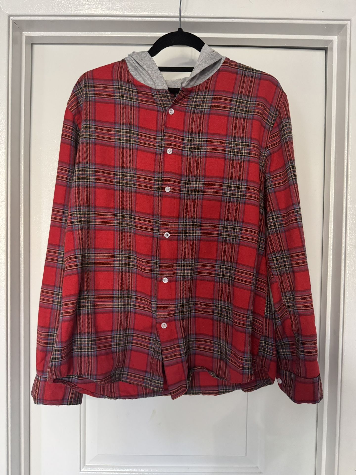 SHEIN Red Plaid Flannel with Gray Hoodie β Size Large