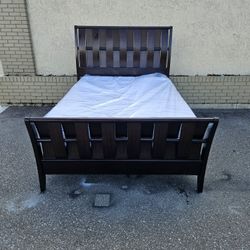 Brown Cherry Queen Size Sleigh Bed With Brand New Queen Size Plush Memory Foam Mattress And Box Spring In Plastic 