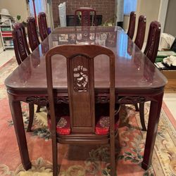 Beautiful Chinese Antique Mid Century Asian Carved Wood Dining Table 8 Chairs With Side Storage Cabinet