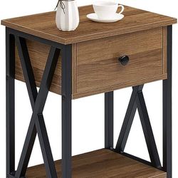 Vintage Nightstand, End Table with Drawer and Shelf, Home Decor for Living Room, Bedroom, X-Legs and Waterproof Surface, Hemp Grey, Nightstand, Walnut