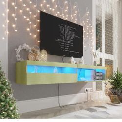 ANTISTA Floating TV Stand with Led Lights, 71 inch Wall Mounted TV Shelf with Power Outlet, Modern Entertainment Center Media Console with Storage Cab