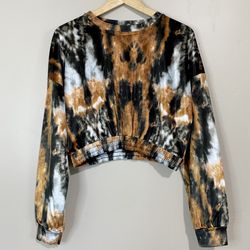 Topshop Women’s Tie Dye Long Sleeve Velvet Velour Smocked Cropped Pullover Sz 6