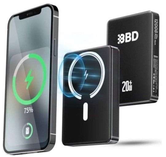 12000mAh Magnetic Portable Charger Power Bank For iPhone & Android 1 Pack 20w Fast Charging Wireless Power Bank With USB C Cable In&Out