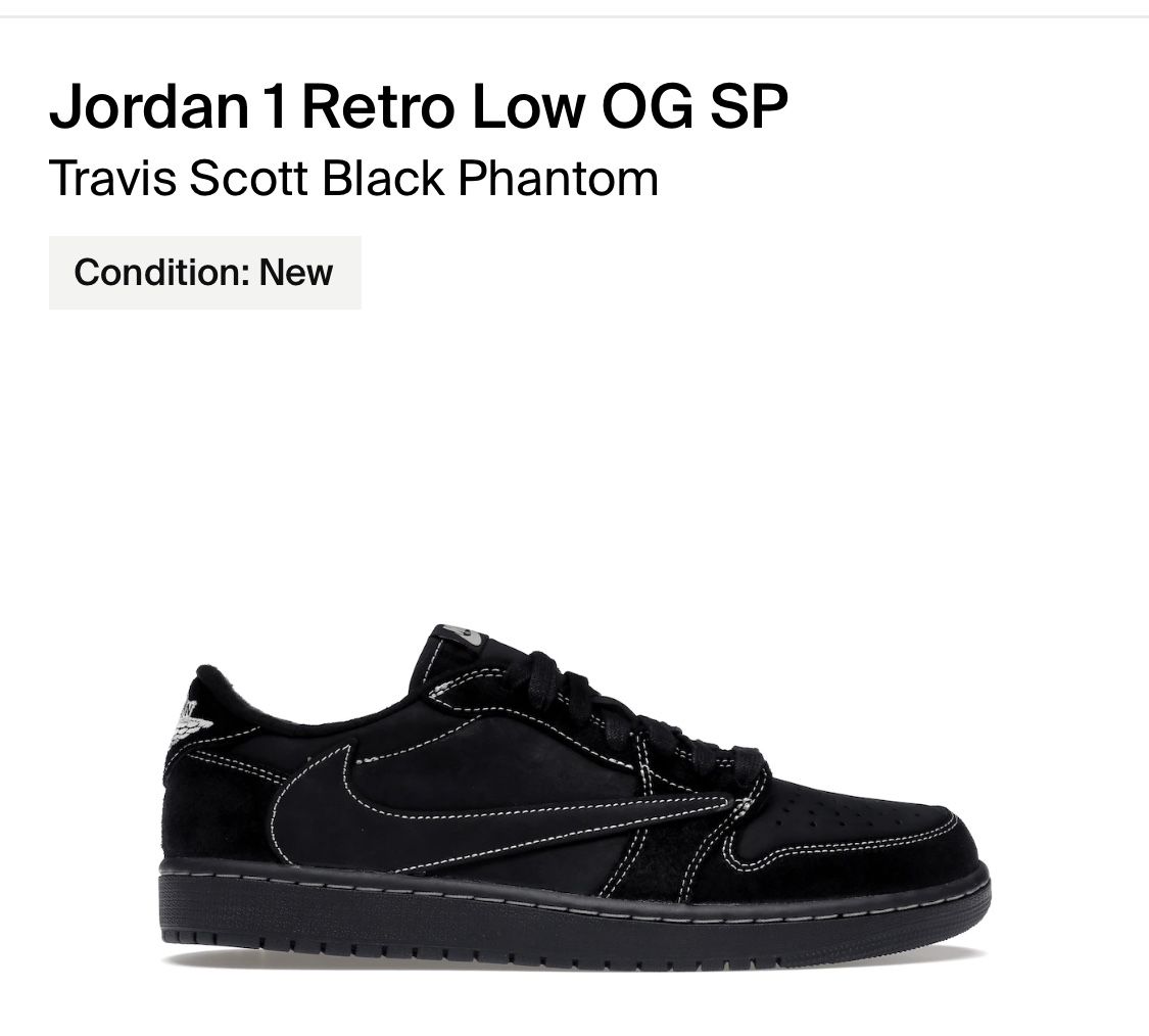 Travis Scott x Air Jordan 1 Low OG SP 'Black Phantom' Size 8.5