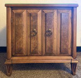 MCM-Style Cherry Accent Cabinet / Nightstand – Burl Wood Doors + Removable Glass Top  Beautiful wood accent cabinet/nightstand with a striking burl wo