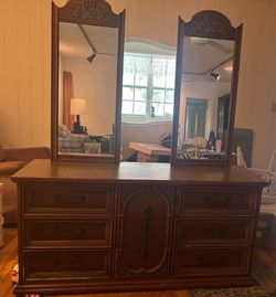 Vintage Brown Wooden Dresser with 2 mirrors and carved details 62"L x 30"H x 18"D