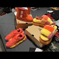 All Size 6  Orange UGG Boots $85..$80) (UGG Sandals Checkerboard $80 Size 7 Fit Like size  6) (Green Boots $45.. Burgundy $45..Both Pairs $80))