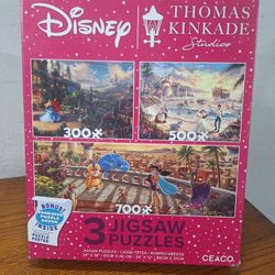 New/Sealed!! Thomas Kinkade Disney Princesses 3 Interlocking Jigsaw Puzzles