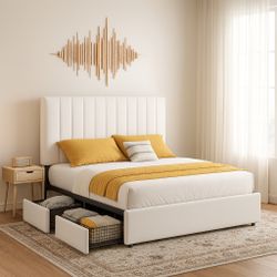 New Amolife Queen Bed Frame with Velvet-Wrapped Headboard and 4 Storage Drawers,No Box Spring Required,White  New in box T-BF24-0581-QBG Weight Capaci