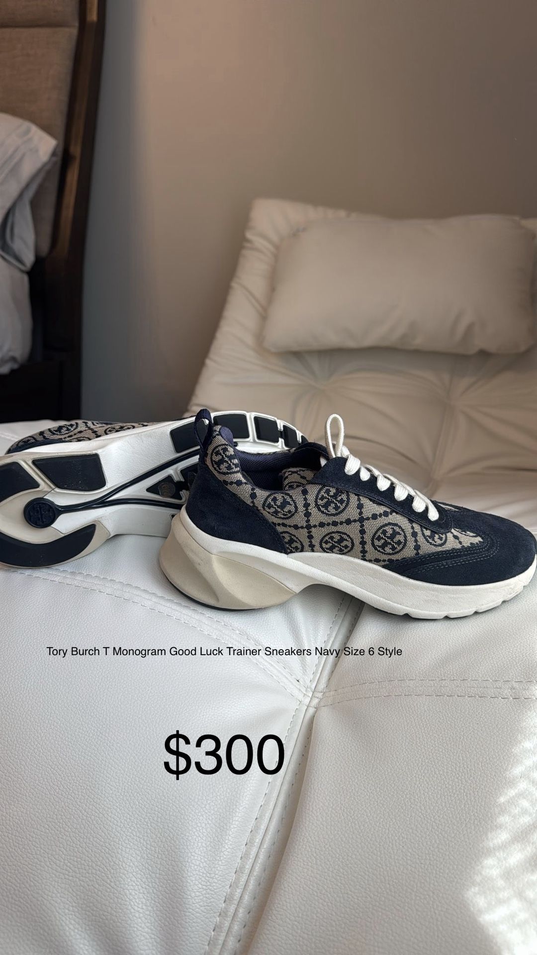 Tory Burch T Monogram Good Luck Trainer Sneakers Navy Size 6 Style