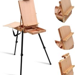 Falling in Art Light Weight French Style Field and Sketchebox Easel with Aluminum Tripod, Adjustable Beechwood Tripod Standing Easel with Drawer, Pale