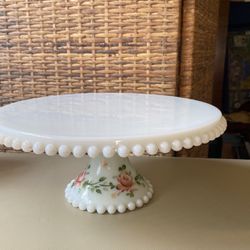 Milk Glass Cake Stand Painted Roses