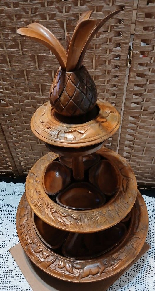 Vtg Hand Carved 3 Tier Lazy Susan With Pineapple On Top