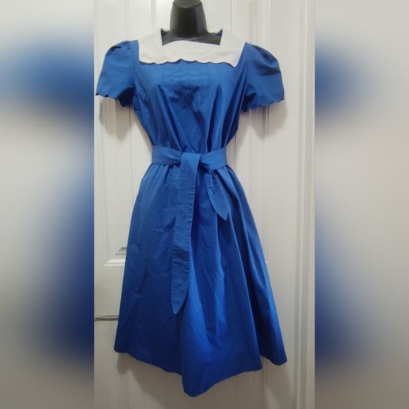 Vintage Blue Dress with White Collar Womens Size 11 12