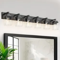 Black Bathroom Light Fixtures, 6 Lights Bathroom Lighting Fixtures Over Mirror, Square Design & Rectangle Large Backplate, Modern Vanity Lighting Fixt