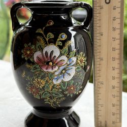 Vintage Made in Japan Black Vase – Hand Painted – 6.75” Tall