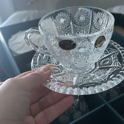 12 Piece Crystal Teacup With Saucers, Six Each