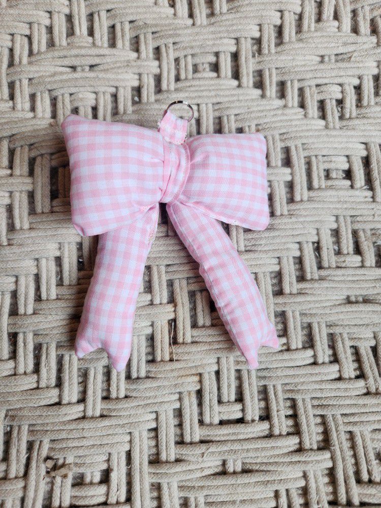 BABY PINK GINGHAM PUFFY BOW KEYCHAIN BACKPACK PURSE CHARM 