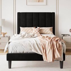 Twin Size Bed Frame/Velvet Upholstered Platform Bed Frame with Headboard/Strong