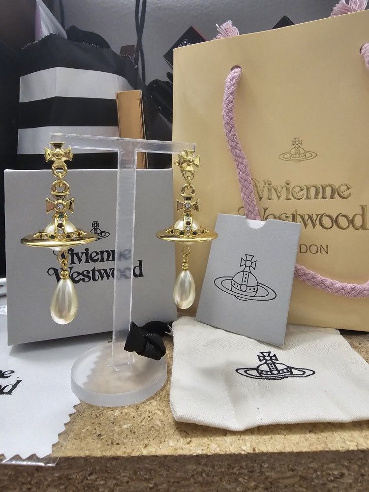 Vivienne Westwood Pearl Earrings Gold Orb Drop Engraved