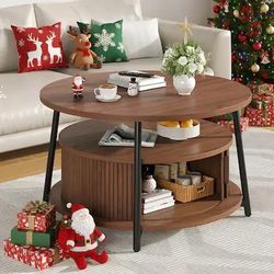 31.5" Round Fluted Coffee Table with Storage, 2-Tier Mid-Century Center, Dual Sliding Doors - Walnut